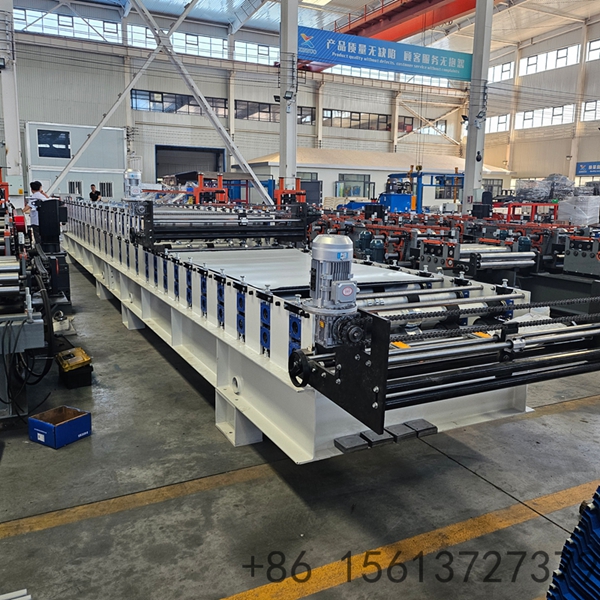 Heavy-duty welded steel frame of double-layer cold roll former for trapezoidal roof tile, ensuring stability during high-speed operation.