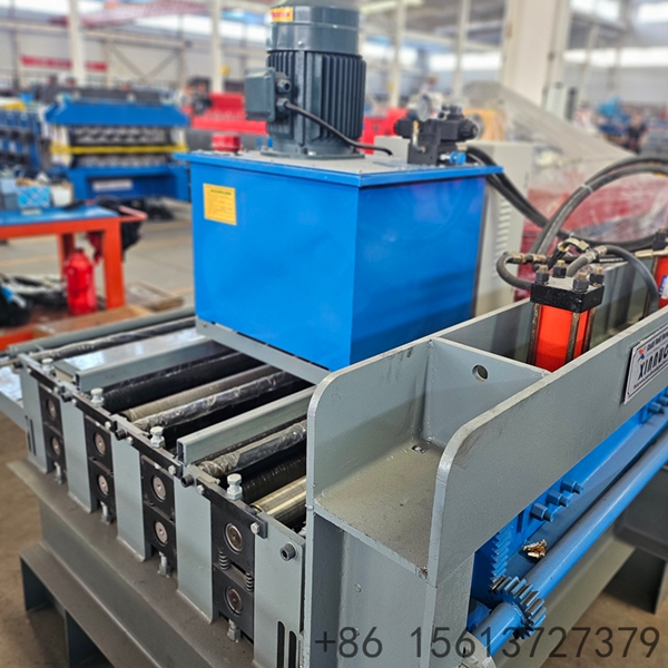 Heavy-duty metal sheet processing equipment featuring multiple rollers and a control panel box.
