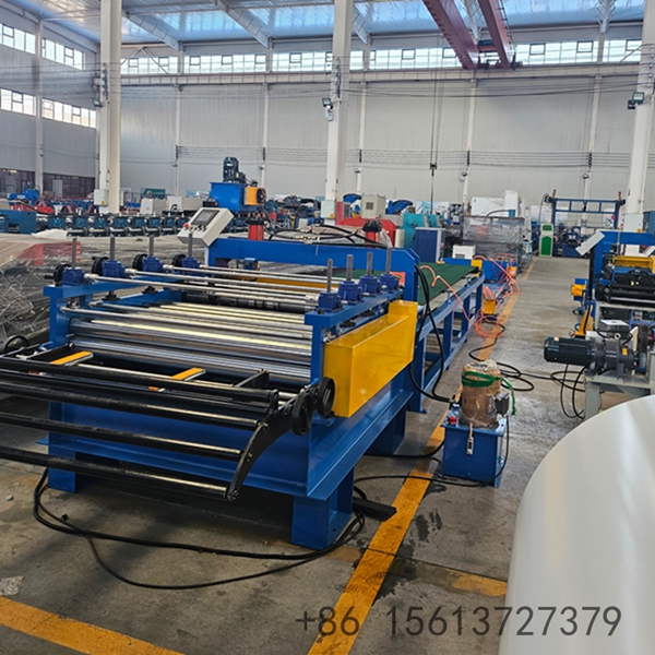 Wide-angle view of a large-scale coil leveling and shearing production line in operation.