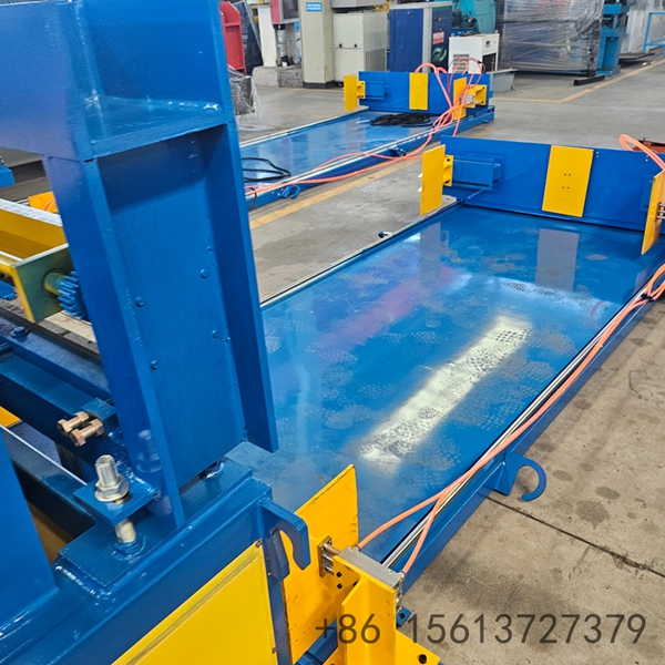 Heavy-duty metal sheet processing equipment featuring hydraulic shearing and leveling rollers.