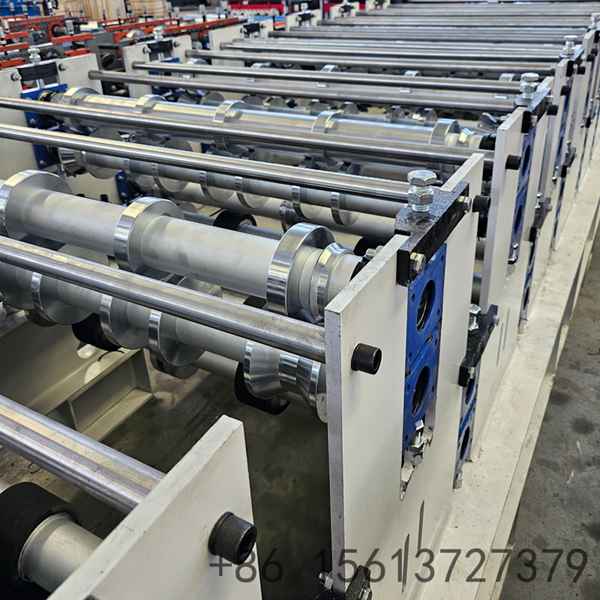 Complete production line of double-layer cold roll former for trapezoidal roof tile, including decoiler, main forming unit, and automatic cutting system.