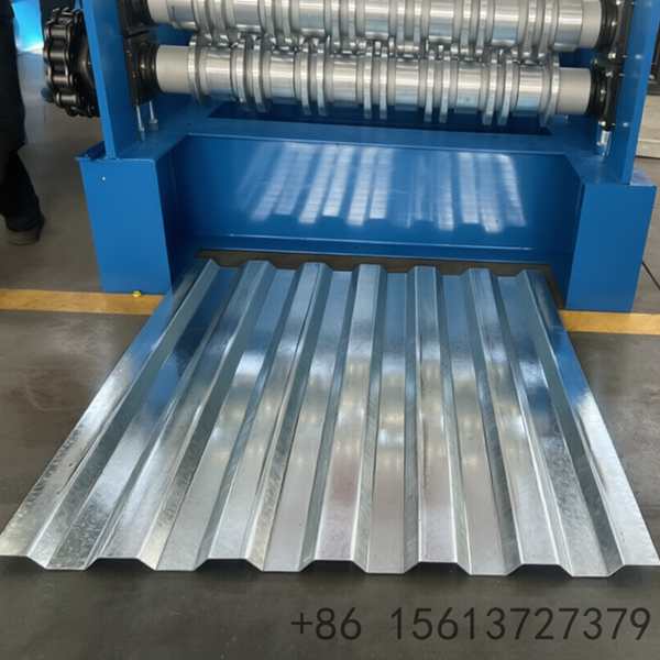 Heavy-duty cold roll forming equipment with yellow safety guards producing corrugated truck side panels.