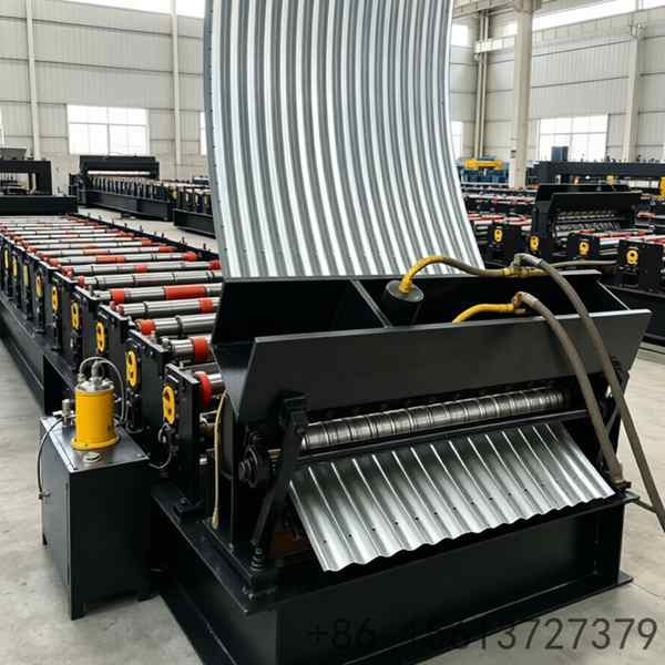 Industrial grain silo corrugated panel roll forming machine processing galvanized steel coils into curved metal sheets.