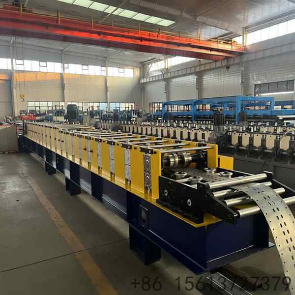 Robust industrial machinery for manufacturing structural metal shelving uprights with continuous feeding and cutting mechanisms.