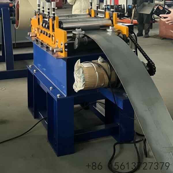 Industrial storage rack column roll forming machine processing galvanized steel sheets in a factory workshop environment.