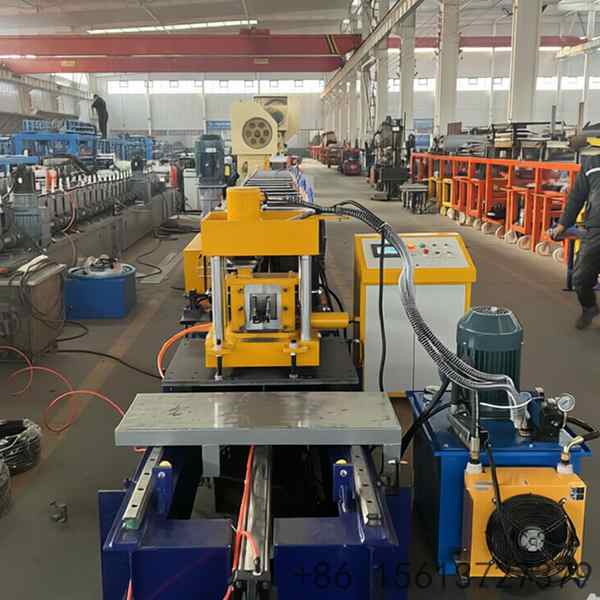 Heavy-duty warehouse shelving upright manufacturing equipment featuring automatic punching systems and precision roller stands.