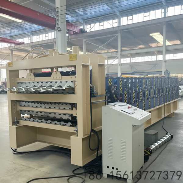 Heavy-duty three-layer metal roofing manufacturing equipment featuring automatic hydraulic cutting and precision roller stations.