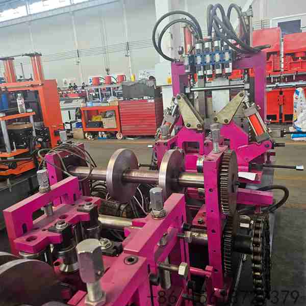 Precision roll forming station with multiple roller stations ensuring accurate purlin dimensions and smooth surfaces