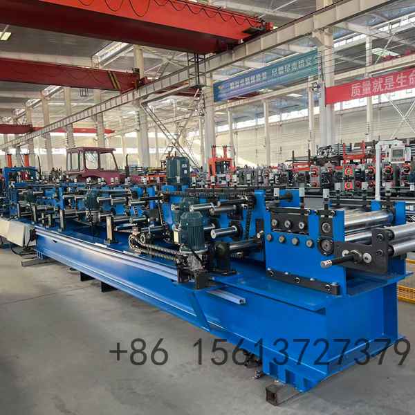 Heavy-duty steel purlin manufacturing equipment featuring automatic hydraulic punching systems and precision roller stations for C sections.