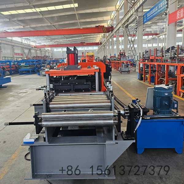 Precision roll forming station with multiple roller stations ensuring accurate purlin dimensions and smooth surfaces