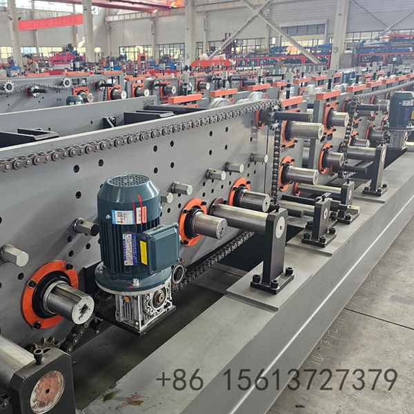 Precision roll forming station with multiple roller stations ensuring accurate C channel profile shaping