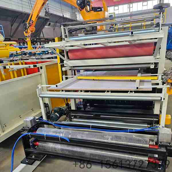 Smart robotic composite panel production line featuring integrated mechanical arms for seamless material handling