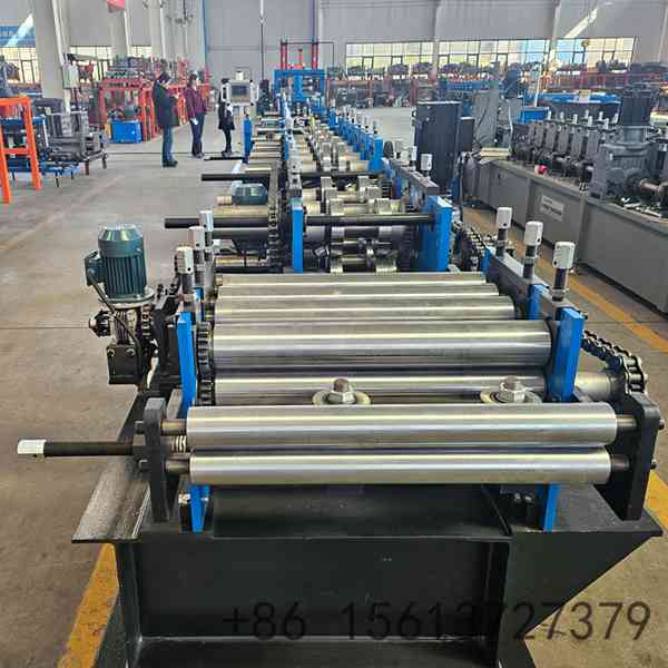 Precision roll forming stations with adjustable rollers ensuring accurate purlin dimensions and smooth surfaces
