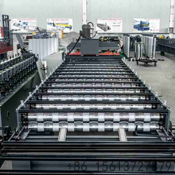 Precision roll forming station with multiple roller stations ensuring accurate trapezoidal profile shaping