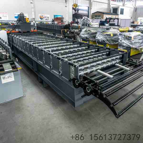 Precision roll forming station with multiple roller stations ensuring accurate trapezoidal profile shaping