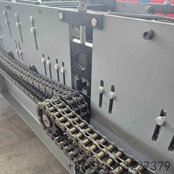 Base fold of the steel water channel seen close up after the forming pass